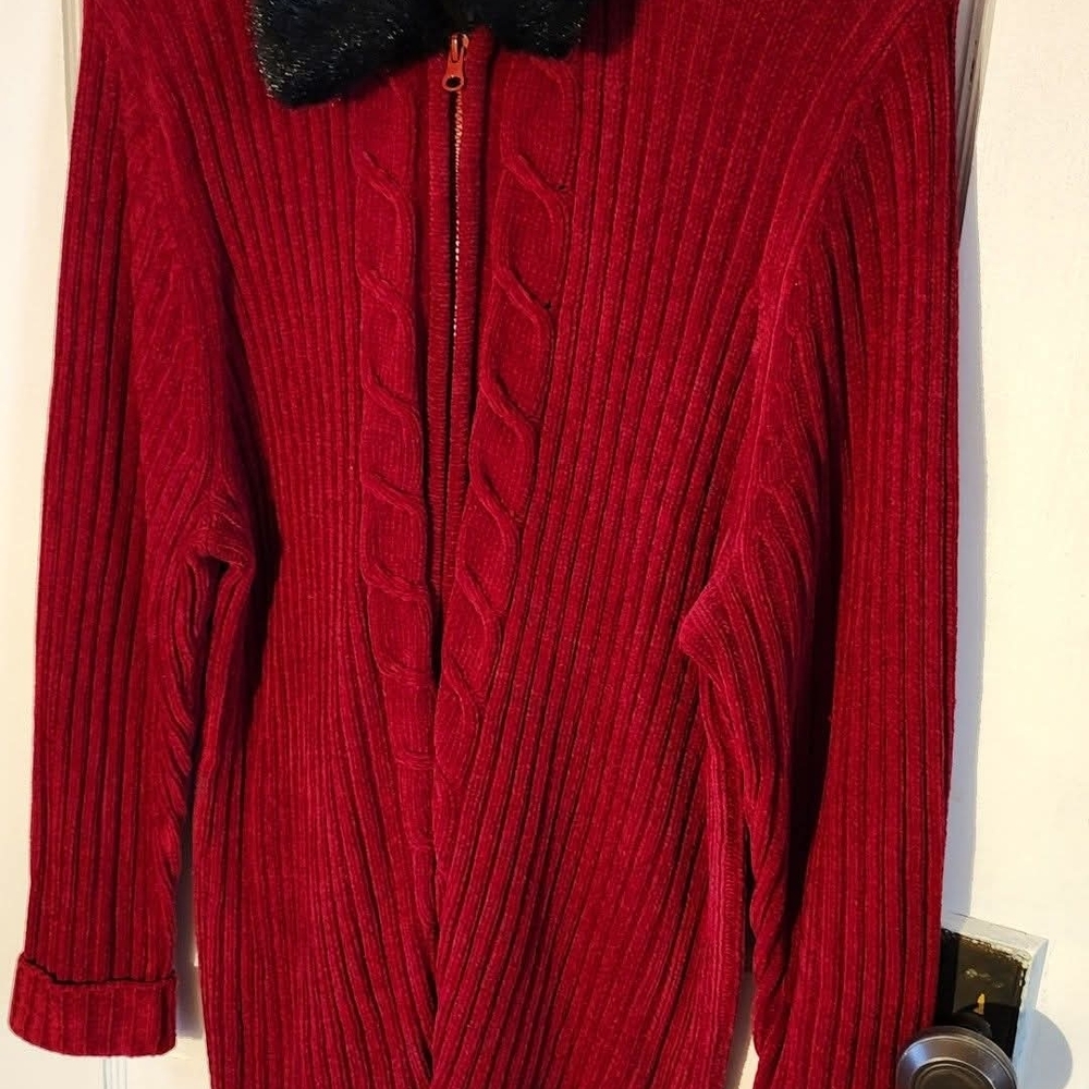 Hampshire Brick Red Ribbed Sweater with Faux Fur Collar Sz 2x